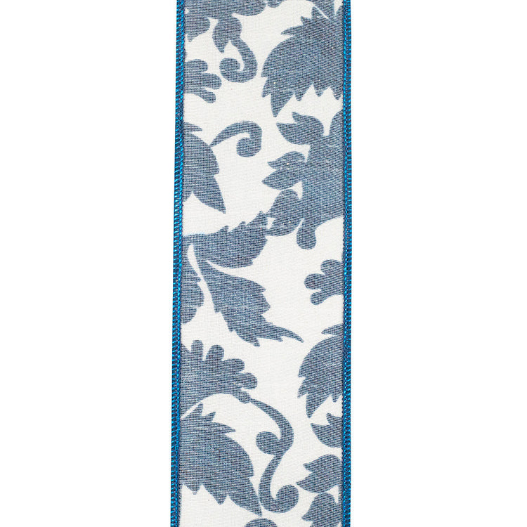 Blue polyester scroll leaf ribbon with a wired edge