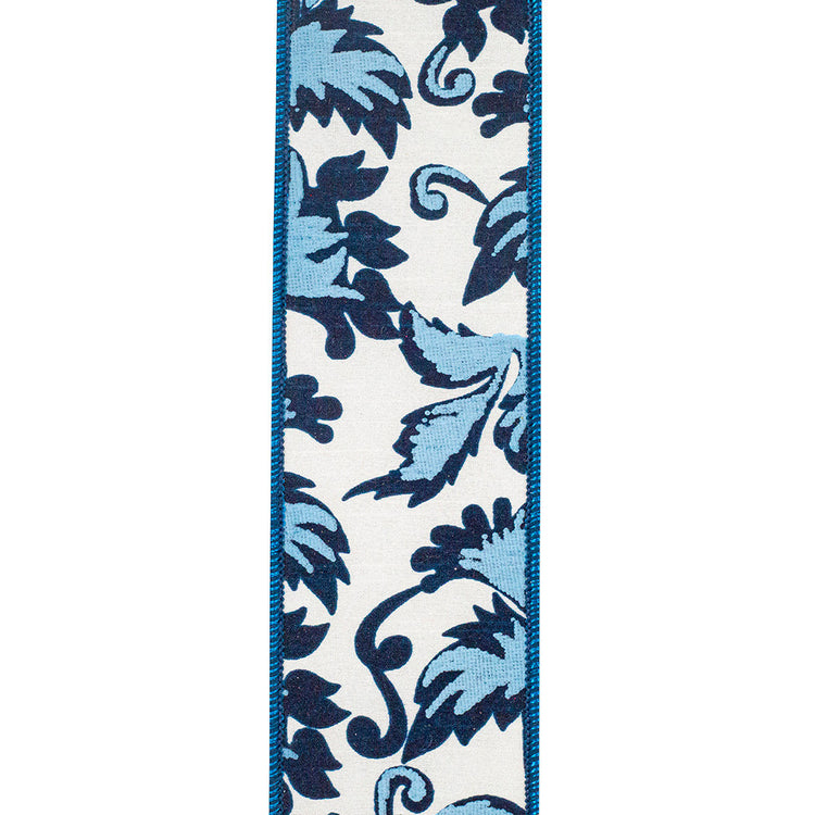 Blue polyester scroll leaf ribbon with a wired edge