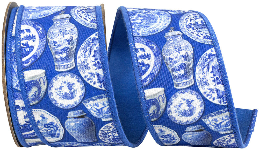 Blue and white Chinoiserie ceramic pattern wired edge ribbon on a dupioni fabric backing.
