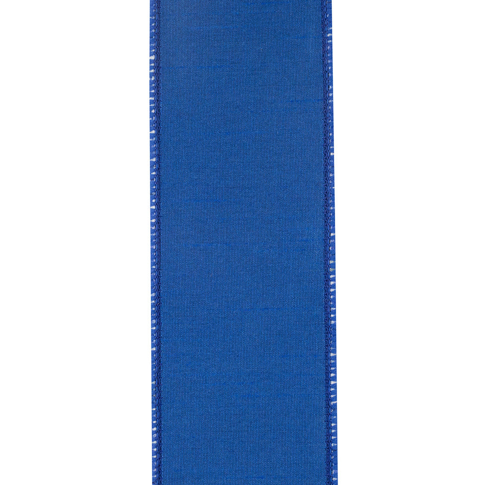 Solid blue wired edge ribbon with a textured twill finish.