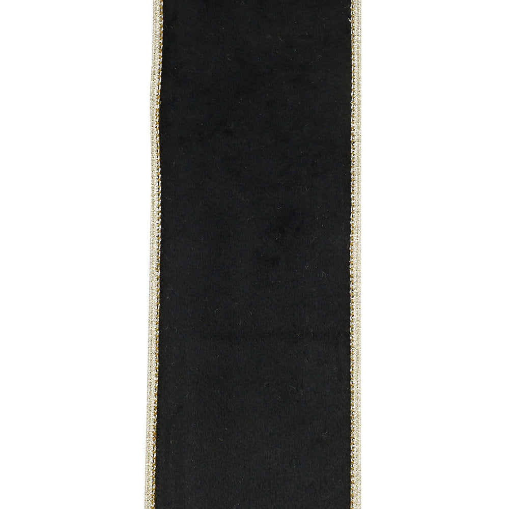 Black velvet ribbon with metallic gold wired edges, 2.5 inches wide.