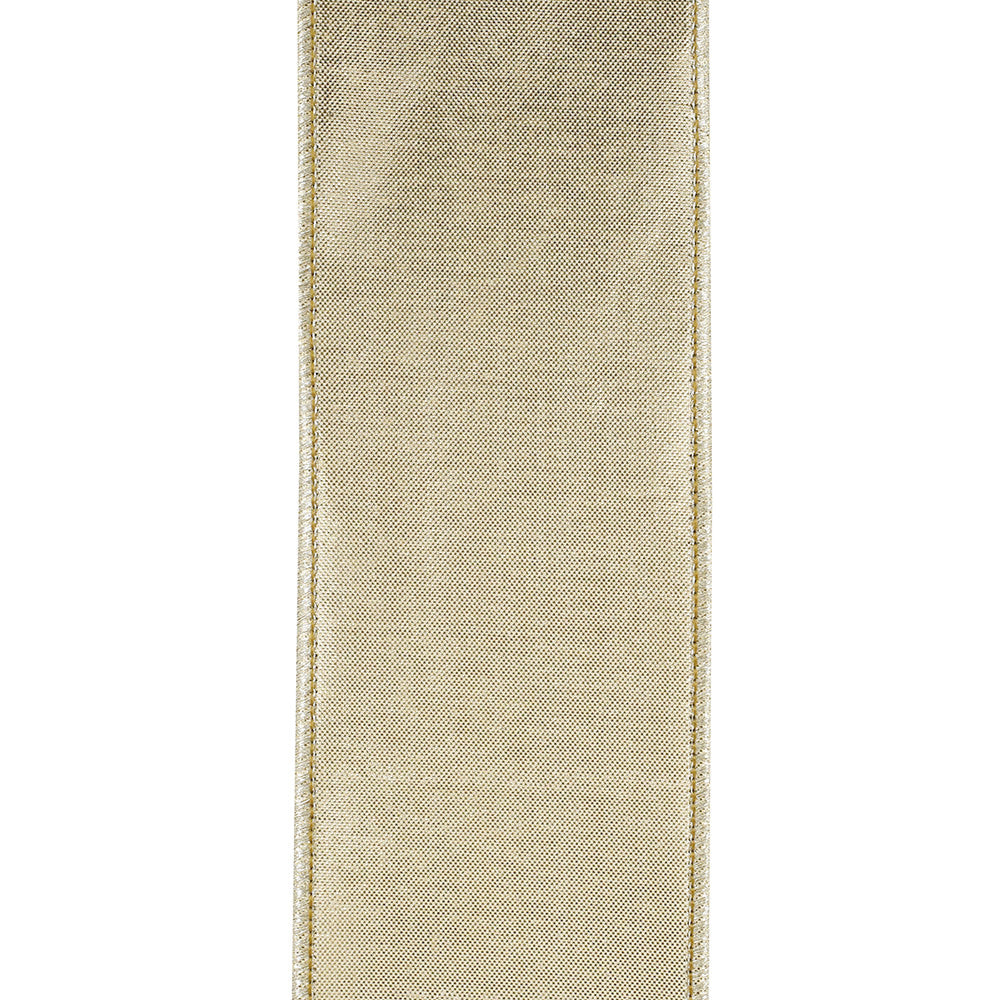 2.5-inch wide metallic gold ribbon with a velvet texture and finished wired edges.