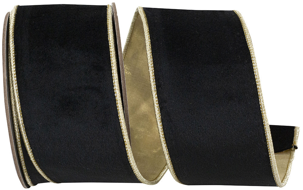 Black velvet ribbon with metallic gold dupioni backing and gold wired edges.