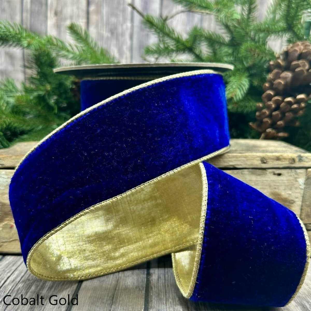 2.5-inch cobalt blue velvet ribbon with a gold metallic backing and gold-stitched edges.