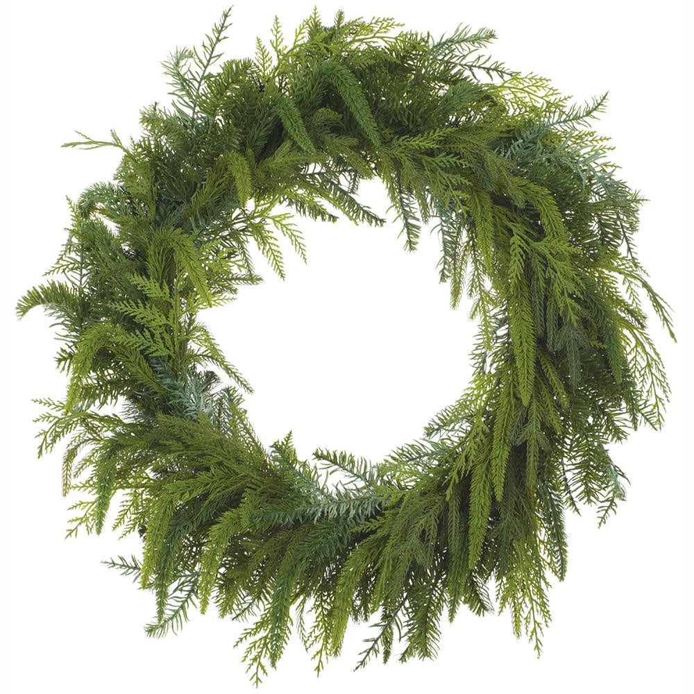 25-inch green artificial cedar and pine wreath with a lush, realistic texture.