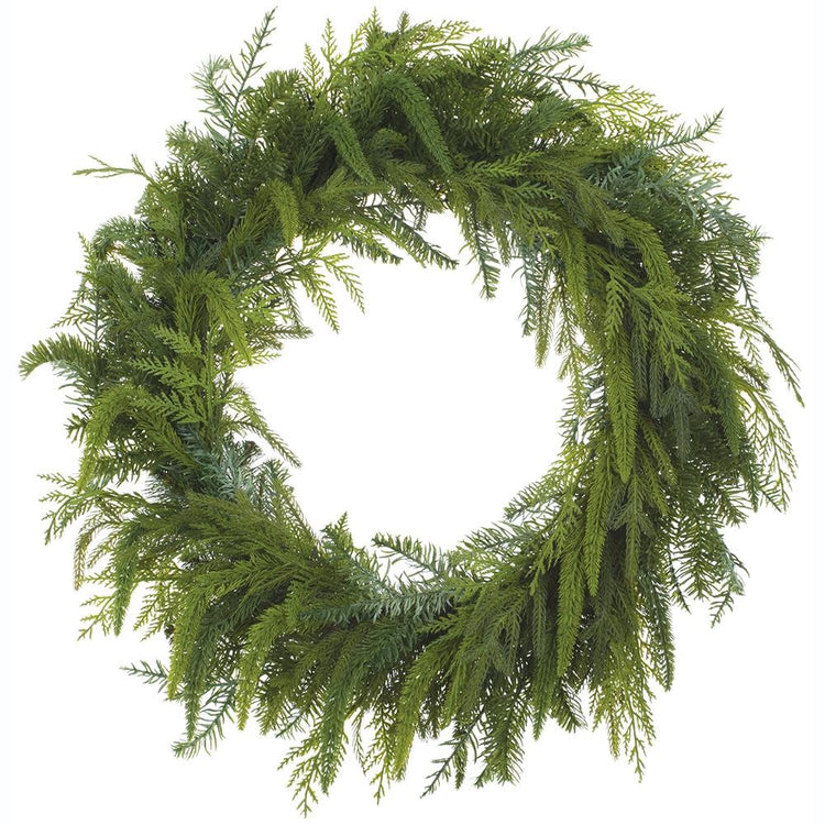 25-inch green artificial cedar and pine wreath with a lush, realistic texture.