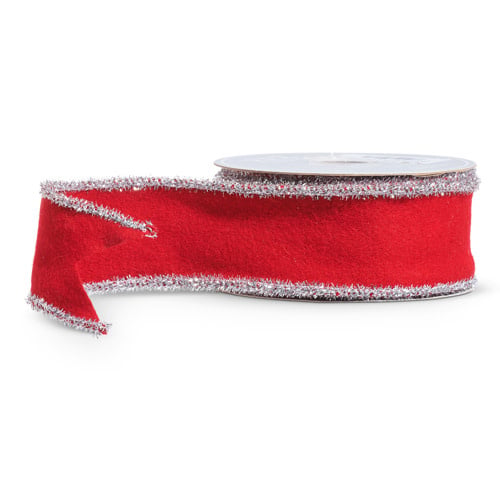 A roll of red felt ribbon with silver tinsel trim edges, measuring 2.5 inches wide.