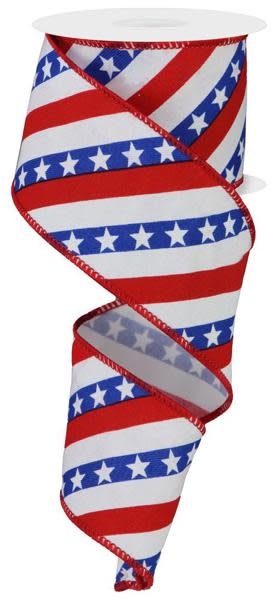 Wired ribbon with diagonal red, white, and blue stripes and white stars on a polyester weave.