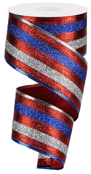 2.5-inch wide ribbon with red, blue, and silver glitter stripes on a spool.