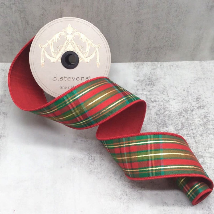 2.5-inch wide red and green plaid ribbon with metallic gold thread on a d.stevens spool.
