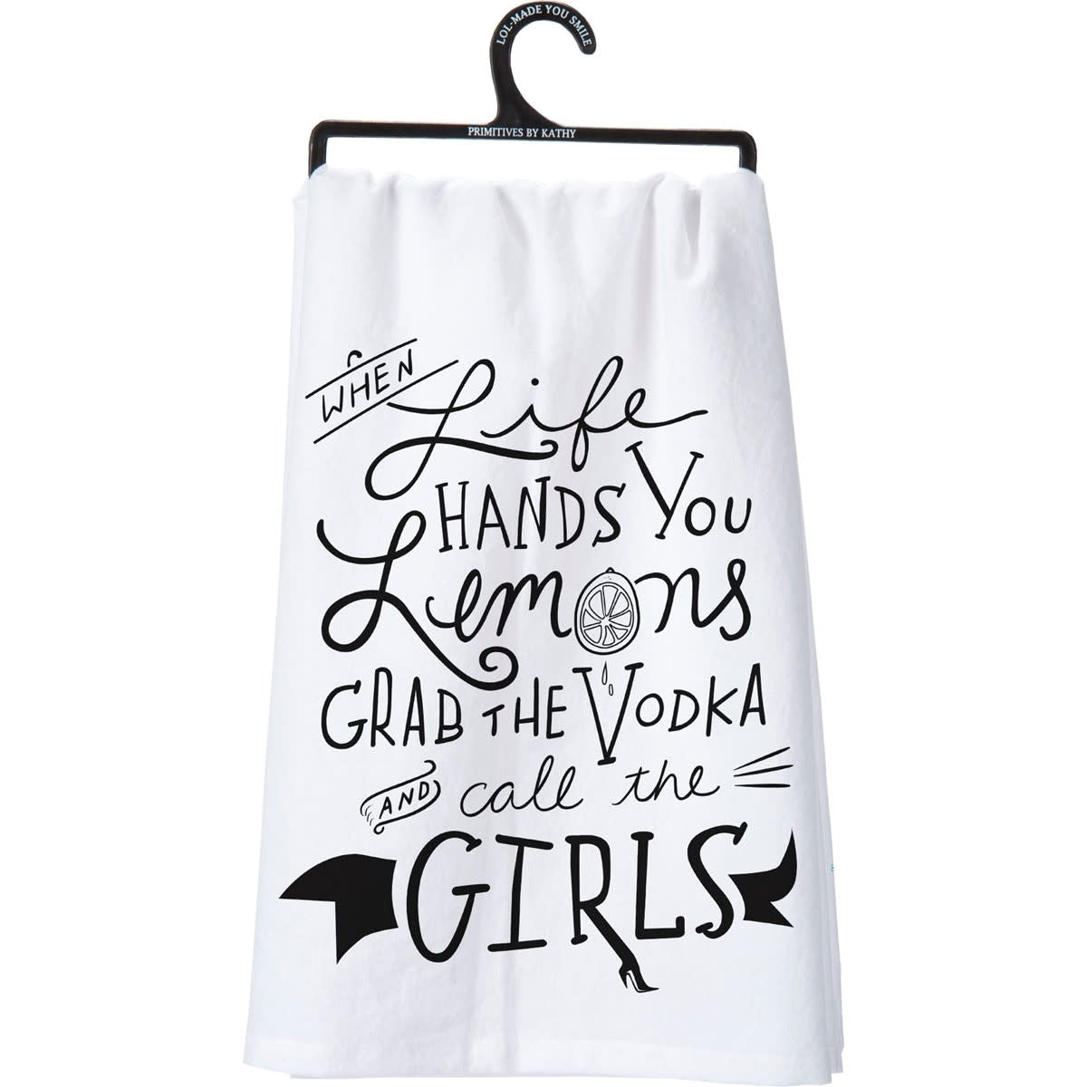 Black cotton kitchen towel with white text reading Remember As Far As Anyone Knows We Are A Nice & Normal Family