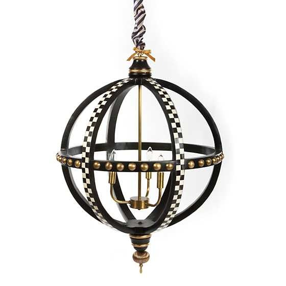 Large globe-shaped chandelier with wood horn bone check finish brass accents hanging from chain