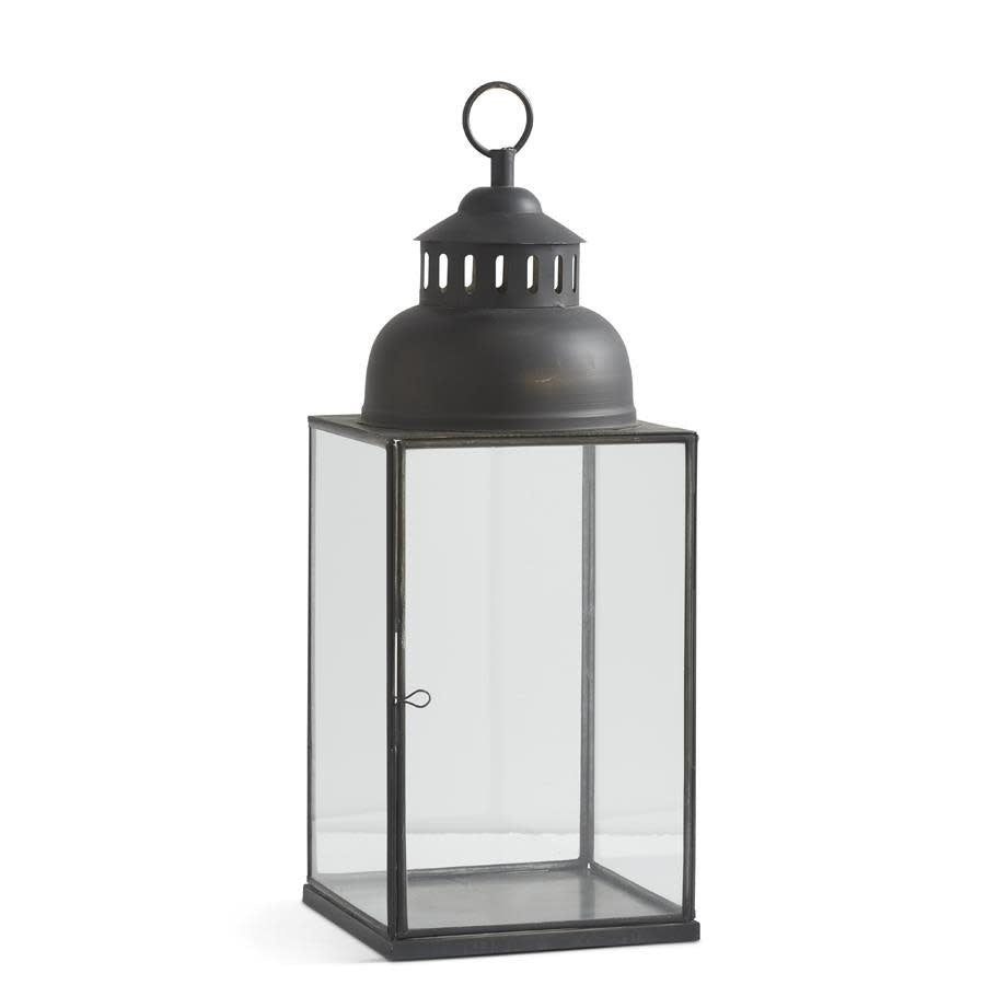 25.5-inch square black iron and glass lantern with a dome top and hanging ring.