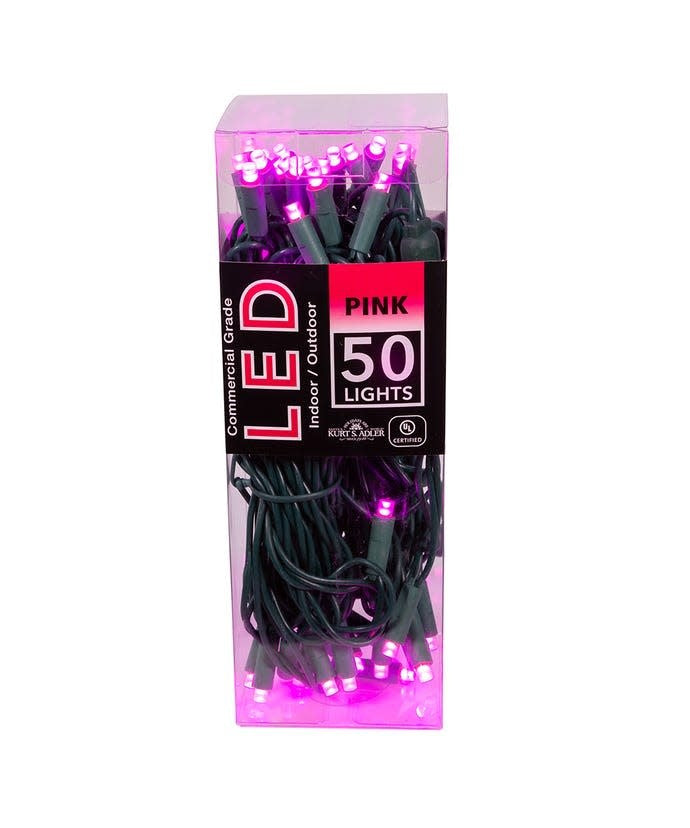 A box of 50 pink LED lights on a green wire for indoor and outdoor use.