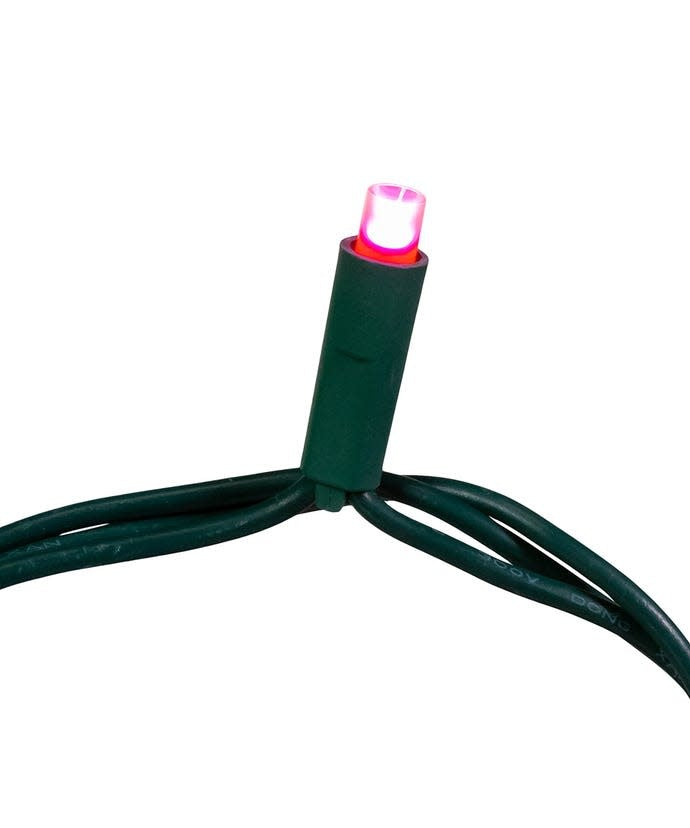 A single pink 5mm LED bulb on a green wire, part of a 50-light holiday string set.
