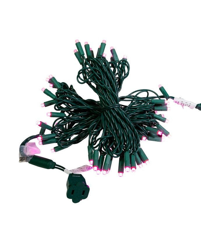 A string of 50 pink 5mm LED Christmas lights on a green wire, 25.5 feet long.