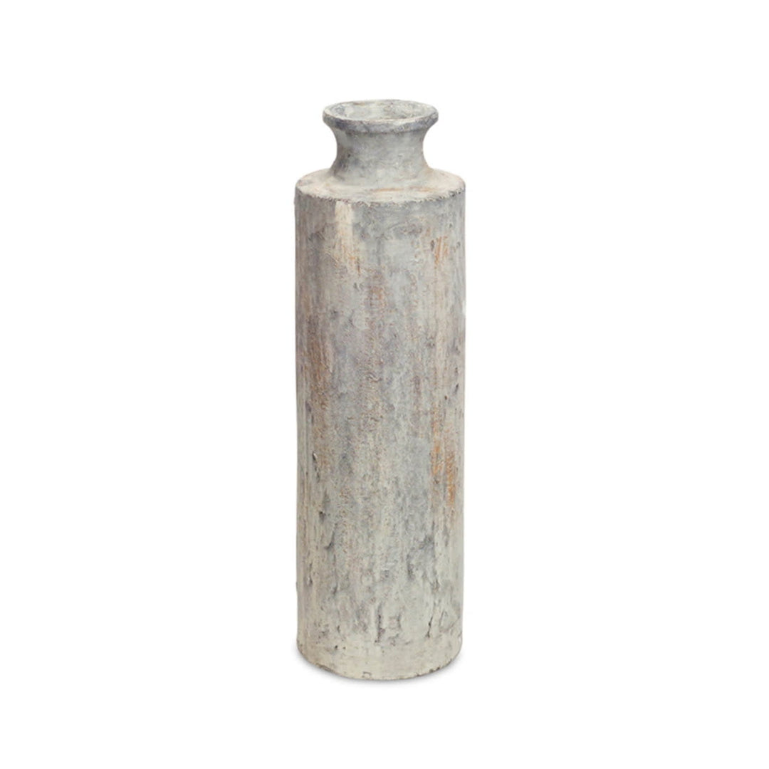 Tall cylindrical ceramic vase with a rustic, chalky grey finish.