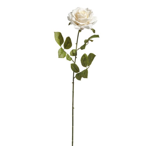 A 25.5-inch artificial white rose stem with realistic green leaves on a long, slender stalk.