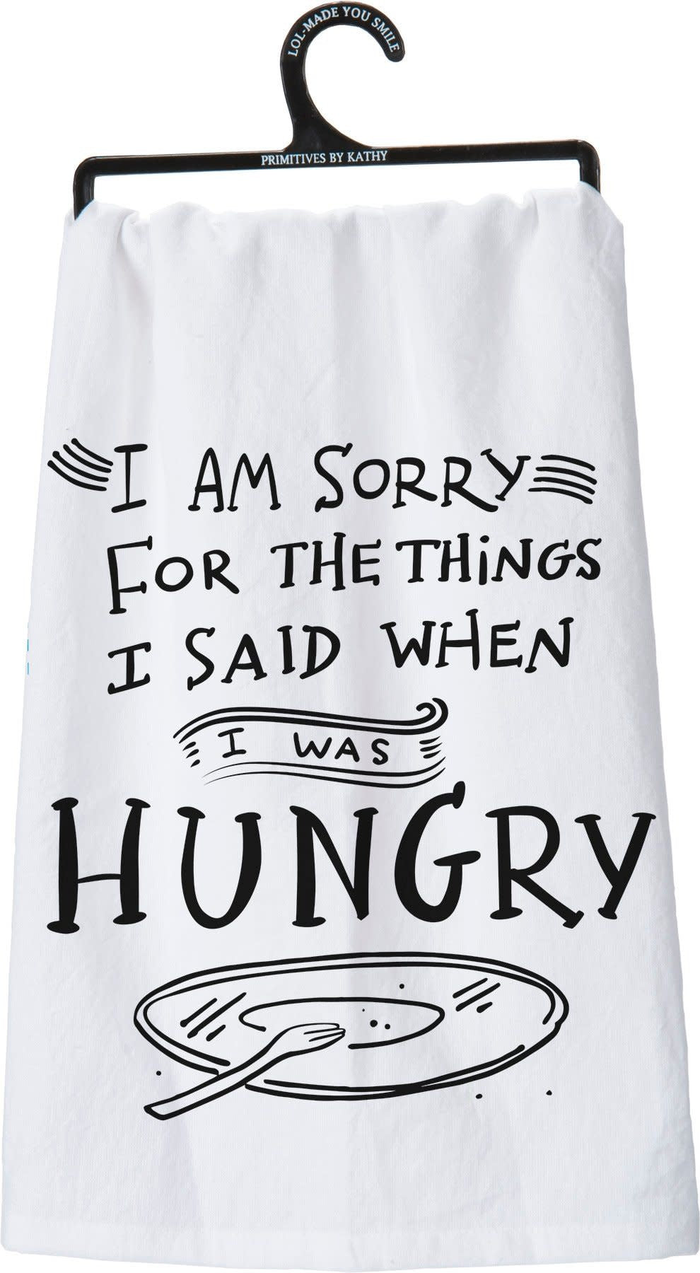Black cotton kitchen towel with white text reading Remember As Far As Anyone Knows We Are A Nice & Normal Family