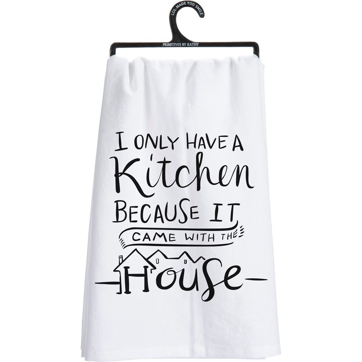 Black cotton kitchen towel with white text reading 'Remember As Far As Anyone Knows We Are A Nice & Normal Family'.