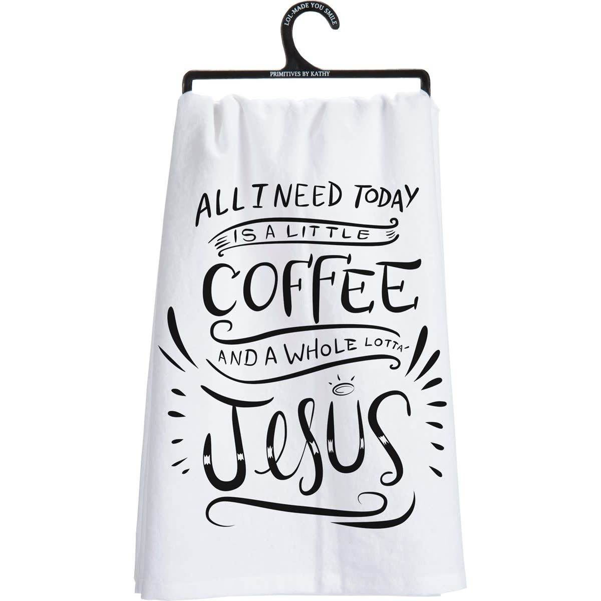 Black cotton kitchen towel with white text reading 'Remember As Far As Anyone Knows We Are A Nice & Normal Family'.