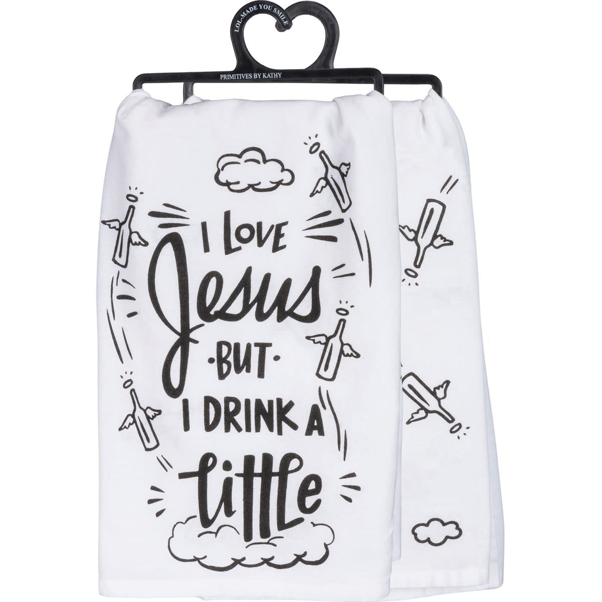 Black cotton kitchen towel with white text reading 'Remember As Far As Anyone Knows We Are A Nice & Normal Family'