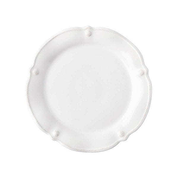 White scalloped cocktail plate with berry accents in flared shape