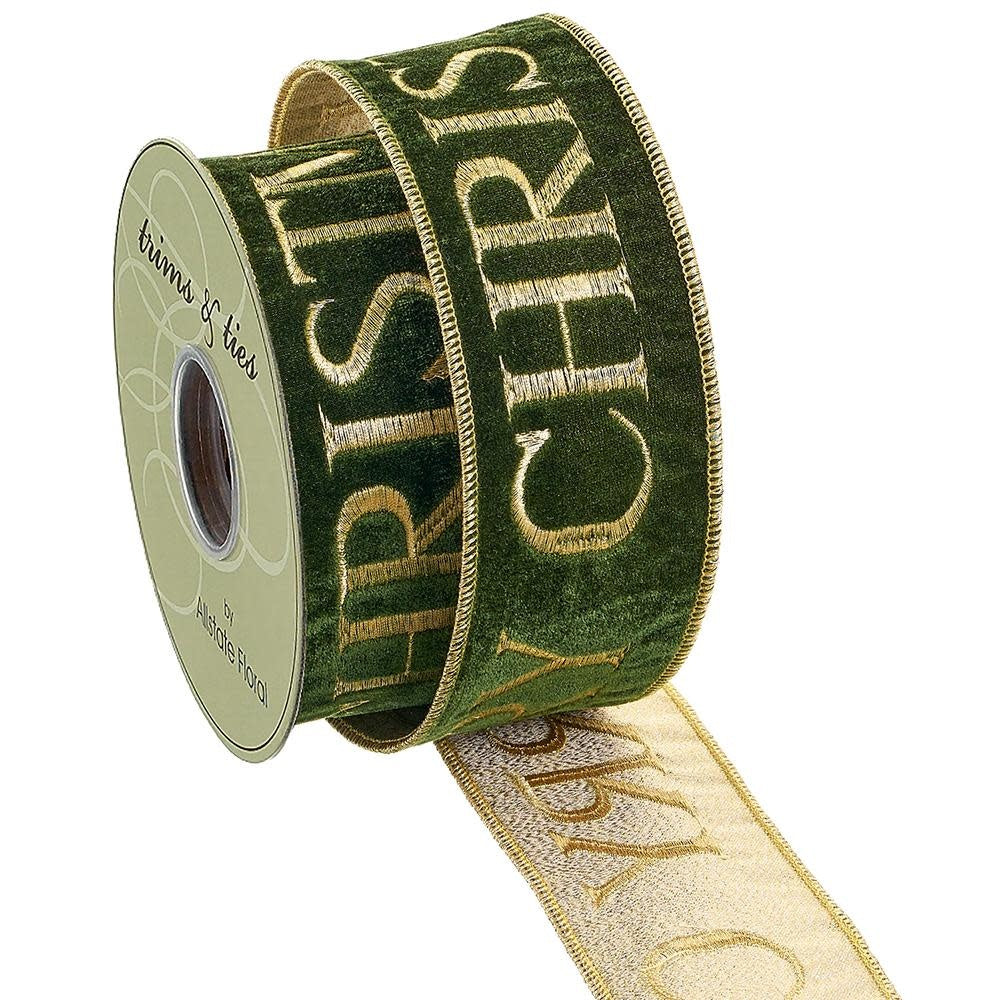 2.5-inch x 10-yard Merry Christmas velvet ribbon in emerald
