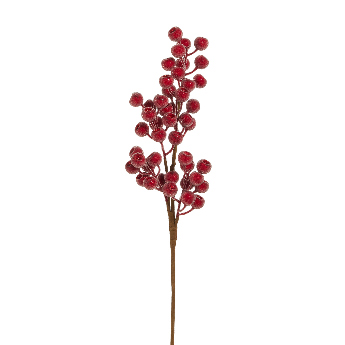 25-inch sugared red berry spray with a frosted finish on a brown stem.