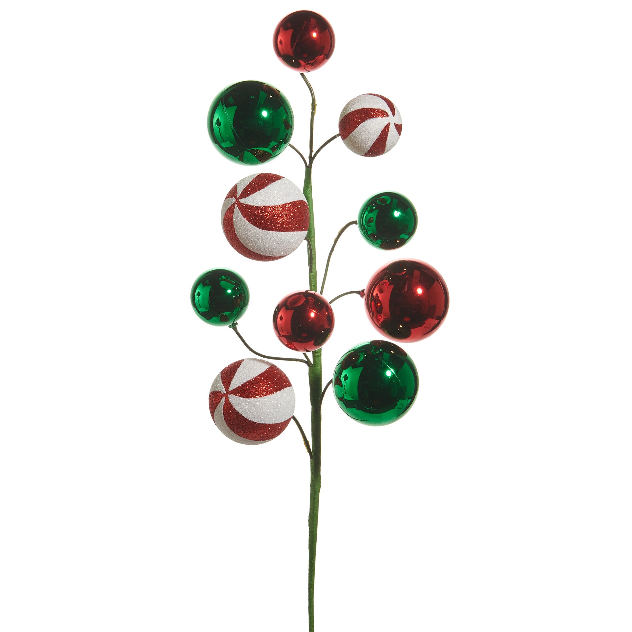 26-inch decorative holiday spray featuring red, green, and glittery peppermint-patterned balls.
