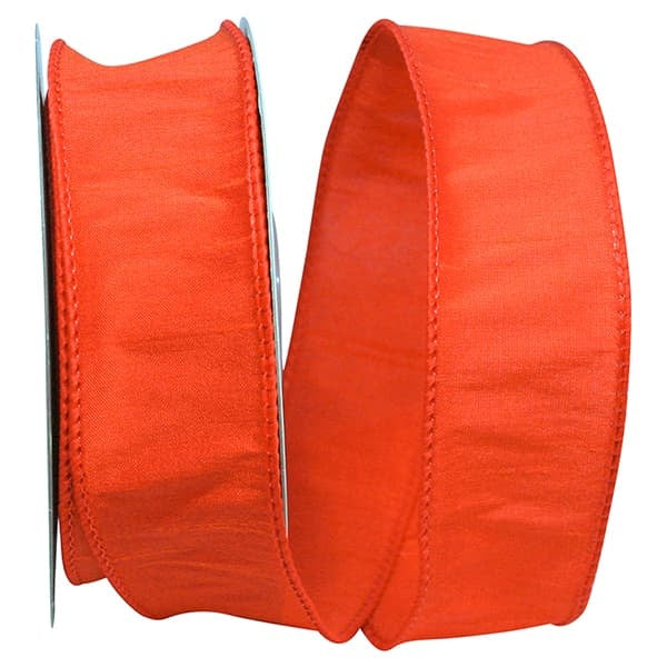 1.5-inch wide orange Dupioni ribbon with a wired edge on a spool.