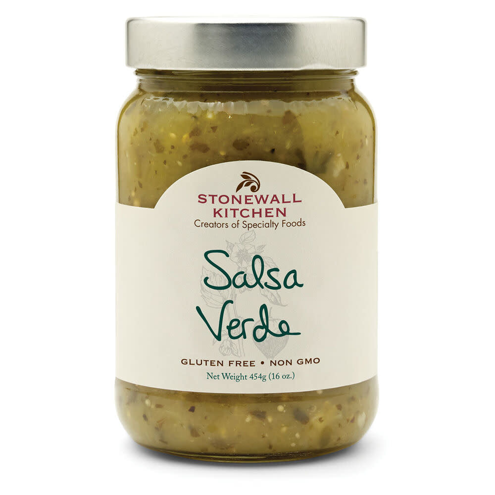 Jar of Stonewall Kitchen Salsa Verde with green tomatillo-based salsa and cilantro flecks.