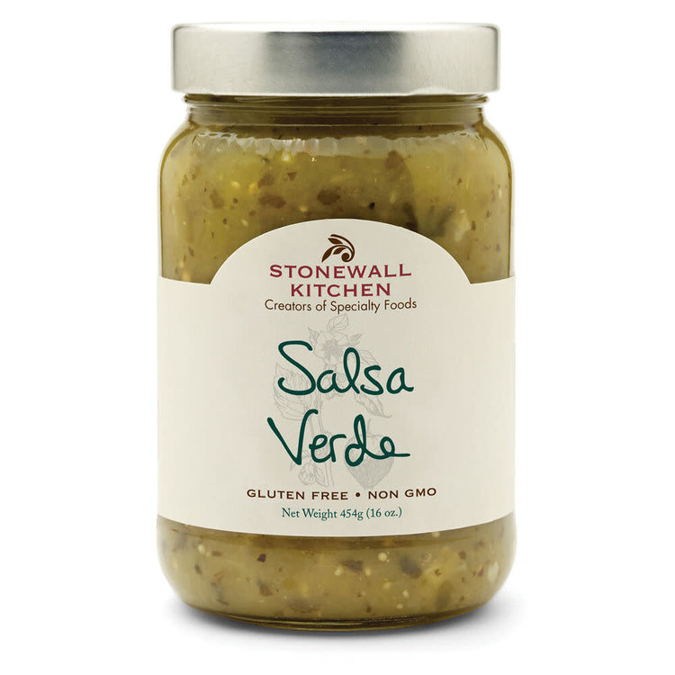 Jar of Stonewall Kitchen Salsa Verde with green tomatillo-based salsa and cilantro flecks.