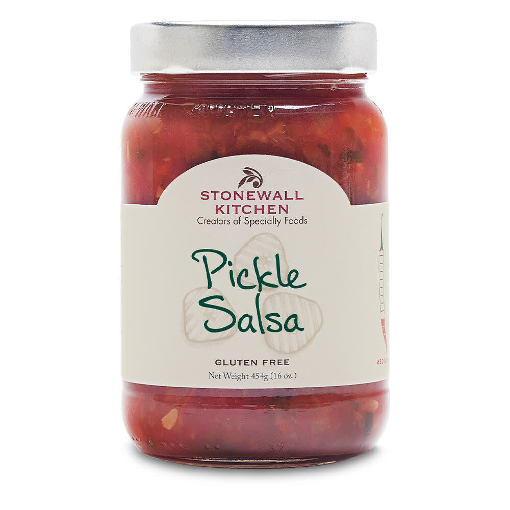 Jar of spicy tomato-based pickle salsa with dill relish