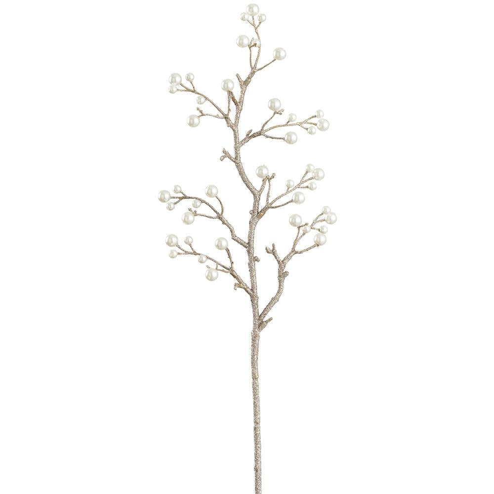 Champagne-colored glittered decorative spray with pearl accents on a wire branch.