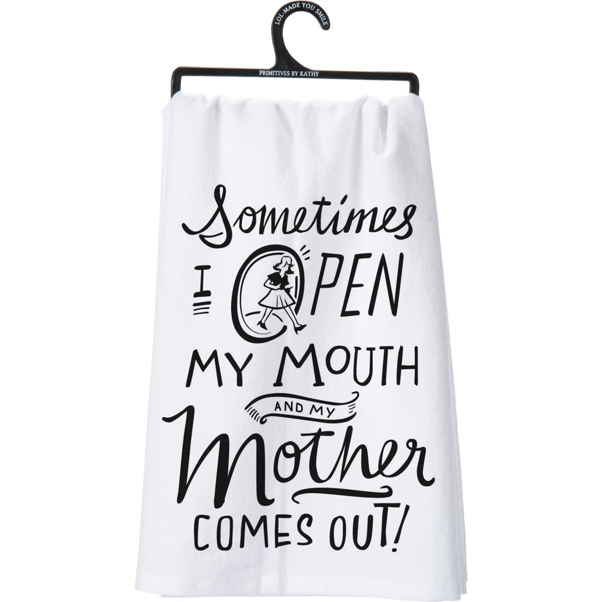 Black cotton kitchen towel with white text reading 'Remember As Far As Anyone Knows We Are A Nice & Normal Family'