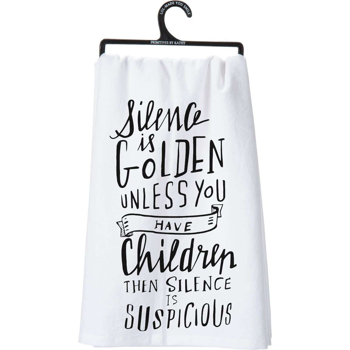 Black cotton kitchen towel with white text reading Remember As Far As Anyone Knows We Are A Nice & Normal Family