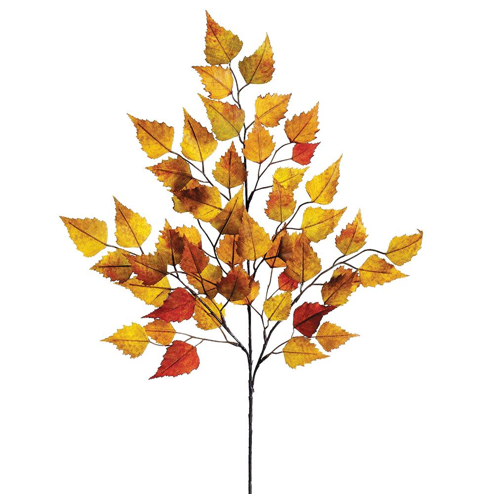 26-inch birch leaf spray with 50 polyester leaves in mustard, green, and red autumn tones.