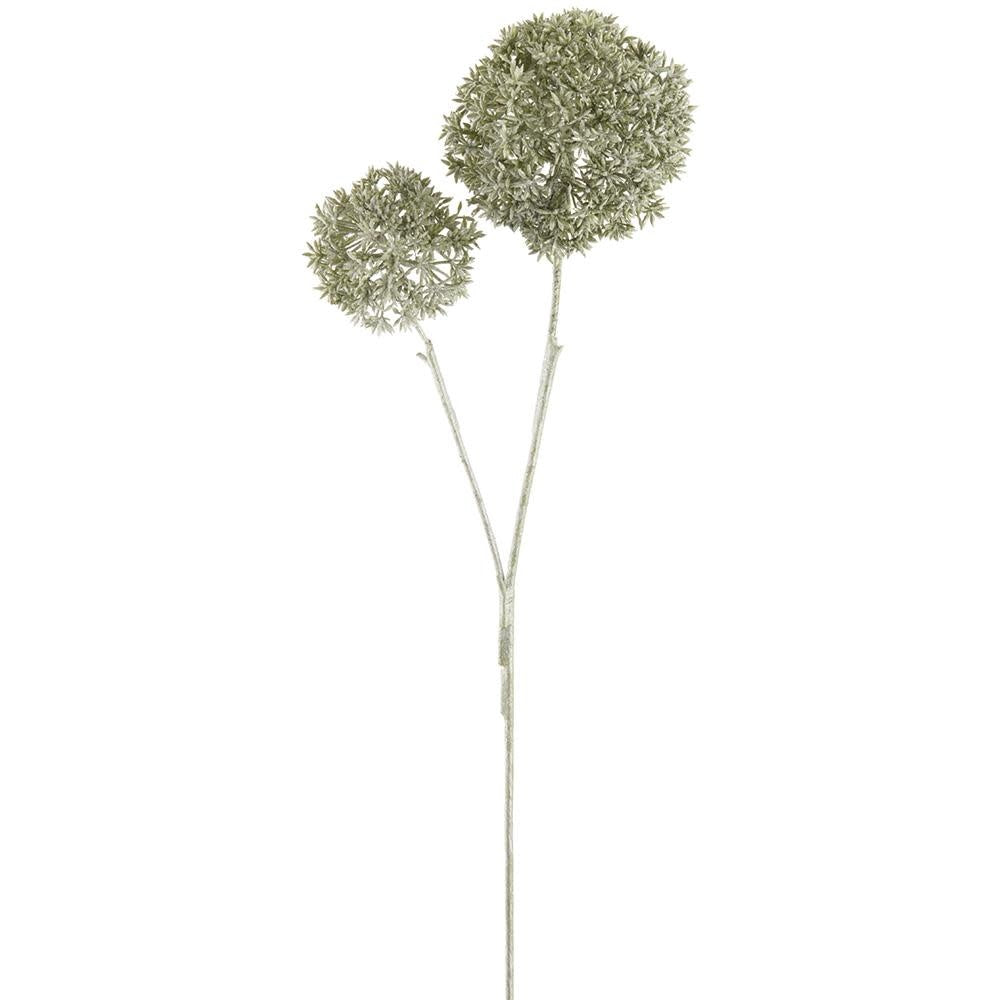 26-inch green glittered allium spray with two spherical flower heads on a wire stem.