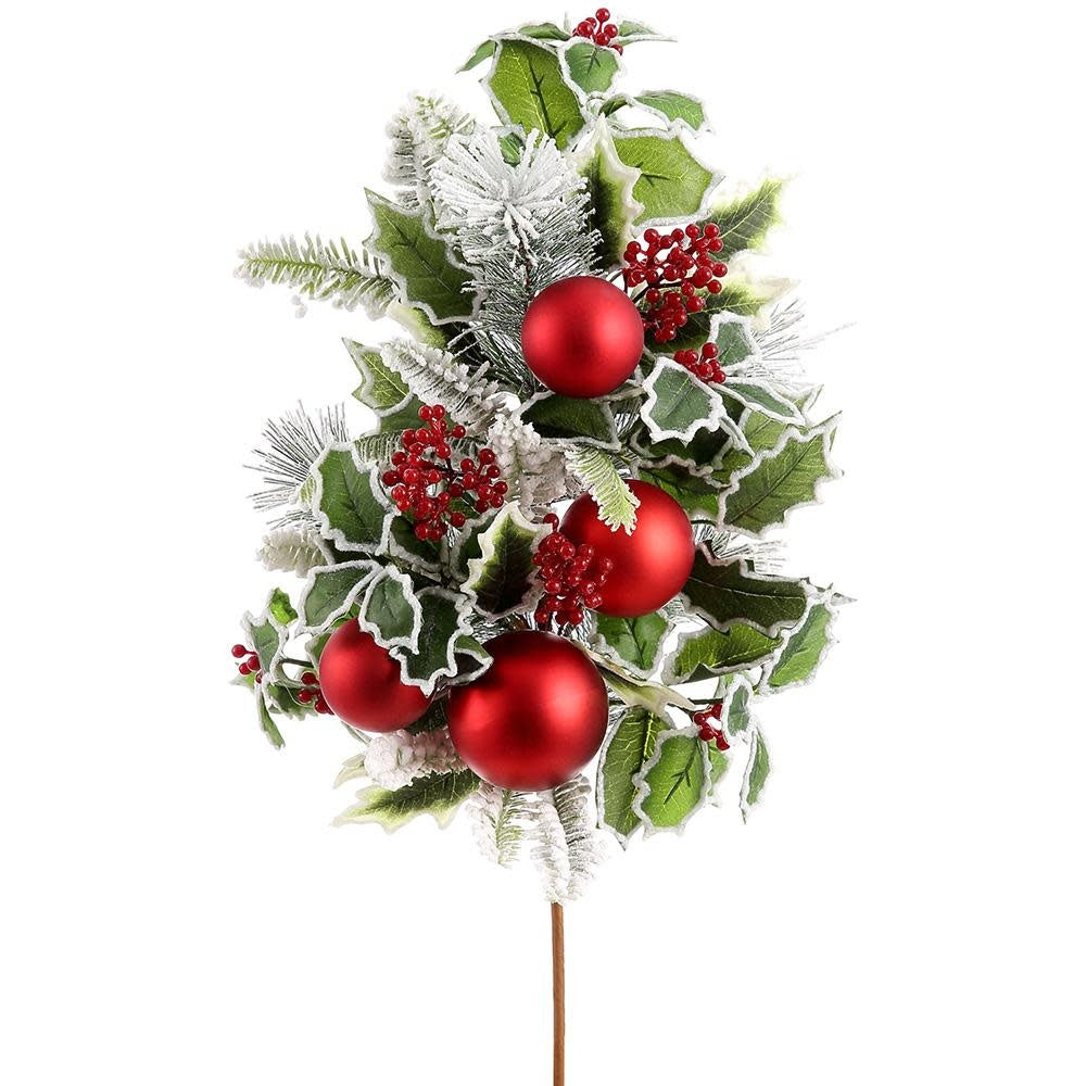 26" Snowed Holly/Ball/Pine Spray Red Green