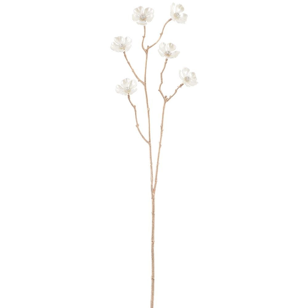 26-inch artificial flower spray with pearl-colored petals and rhinestone centers on a thin stem.