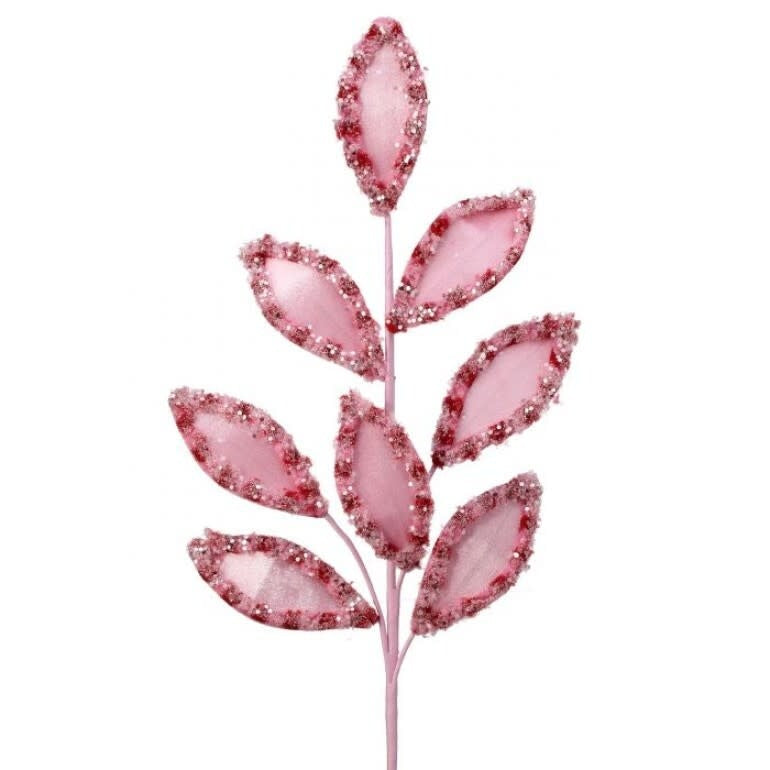 27-inch pink artificial spray stem with glitter-edged leaf-shaped accents.