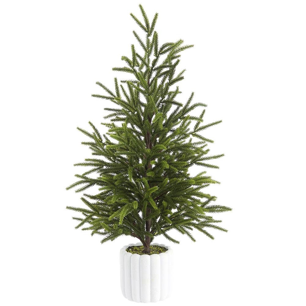 27-inch artificial cypress tree with green foliage in a white ribbed cement pot.