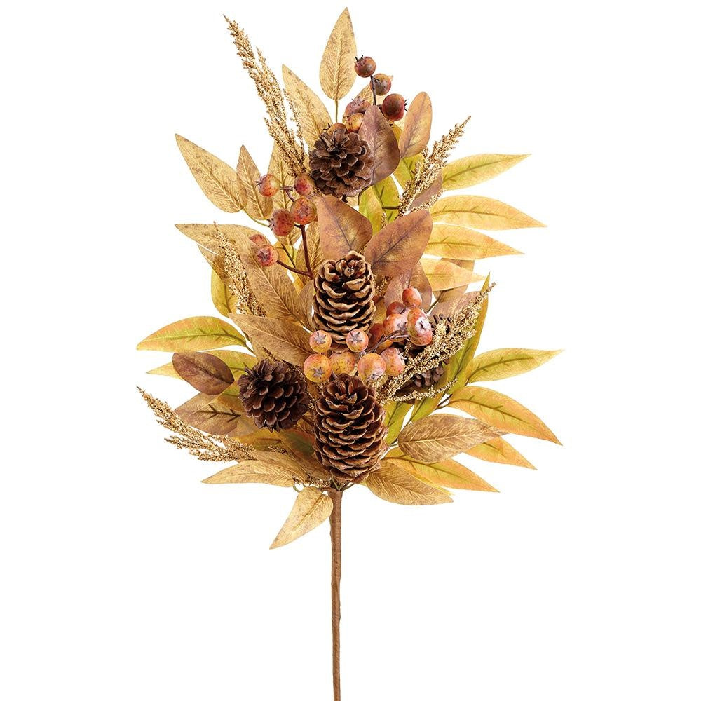 27-inch tan brown artificial spray featuring eucalyptus leaves, berries, and pine cones.