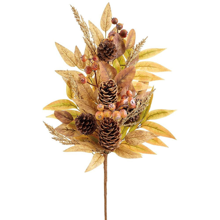 27-inch tan brown artificial spray featuring eucalyptus leaves, berries, and pine cones.
