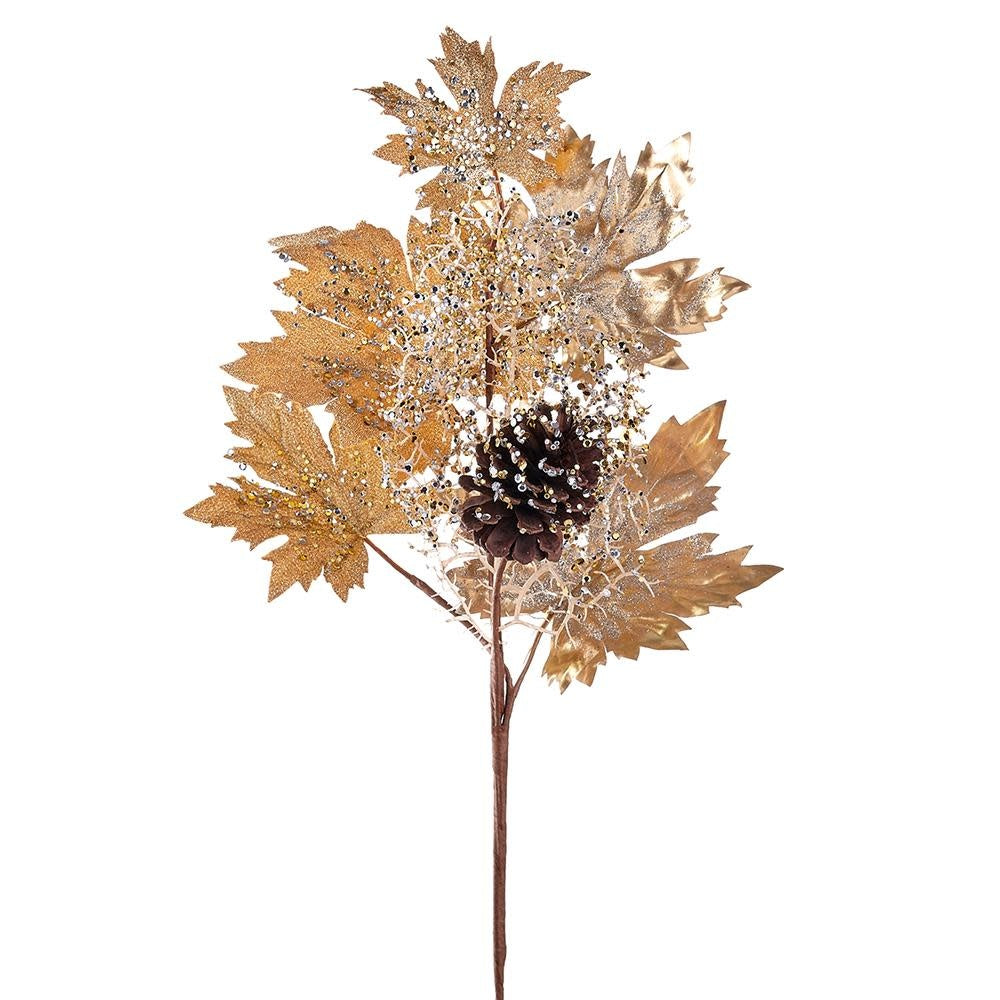 27-inch gold glittered maple leaf and pine cone decorative pick with twig accents.