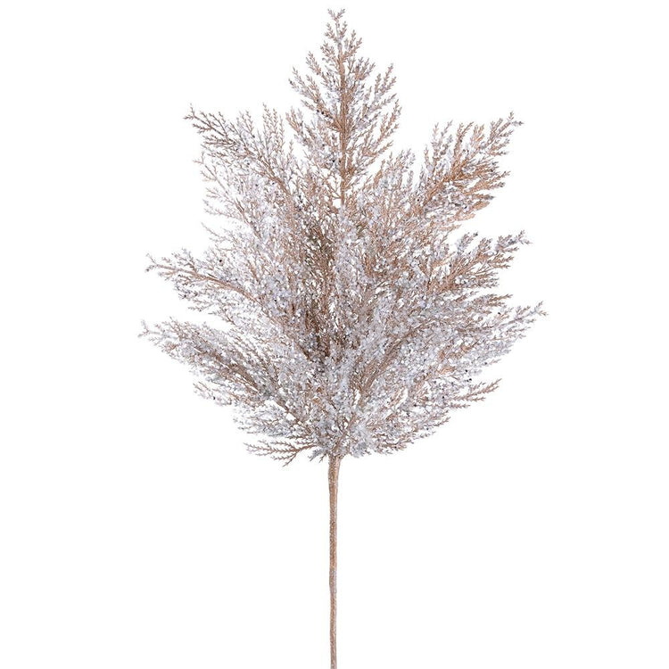 27-inch champagne-colored glittered pine spray with a textured, snowy appearance.