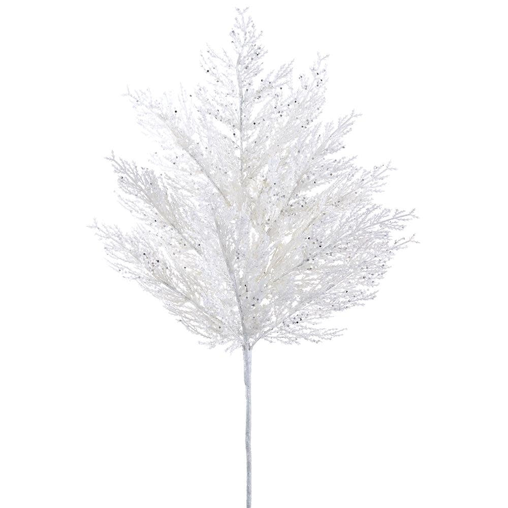 27-inch white pine spray covered in glitter for a festive winter look.