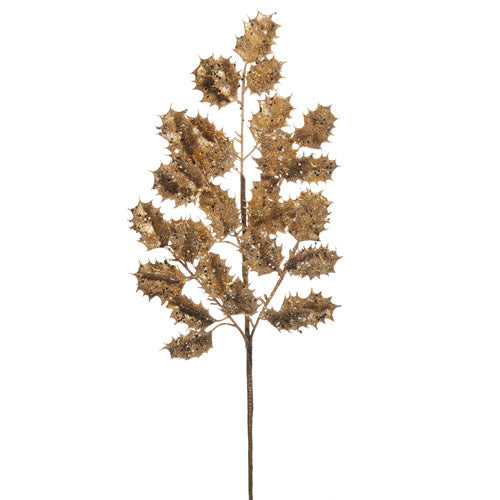 A 27-inch gold holly spray made of plastic and paper with a shimmering, glittery finish.