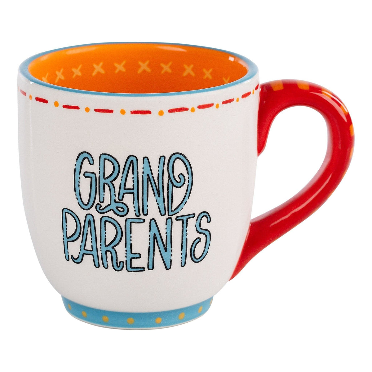 Hand-painted white ceramic mug with 'Make Life Grand' text in gold script and floral accents.